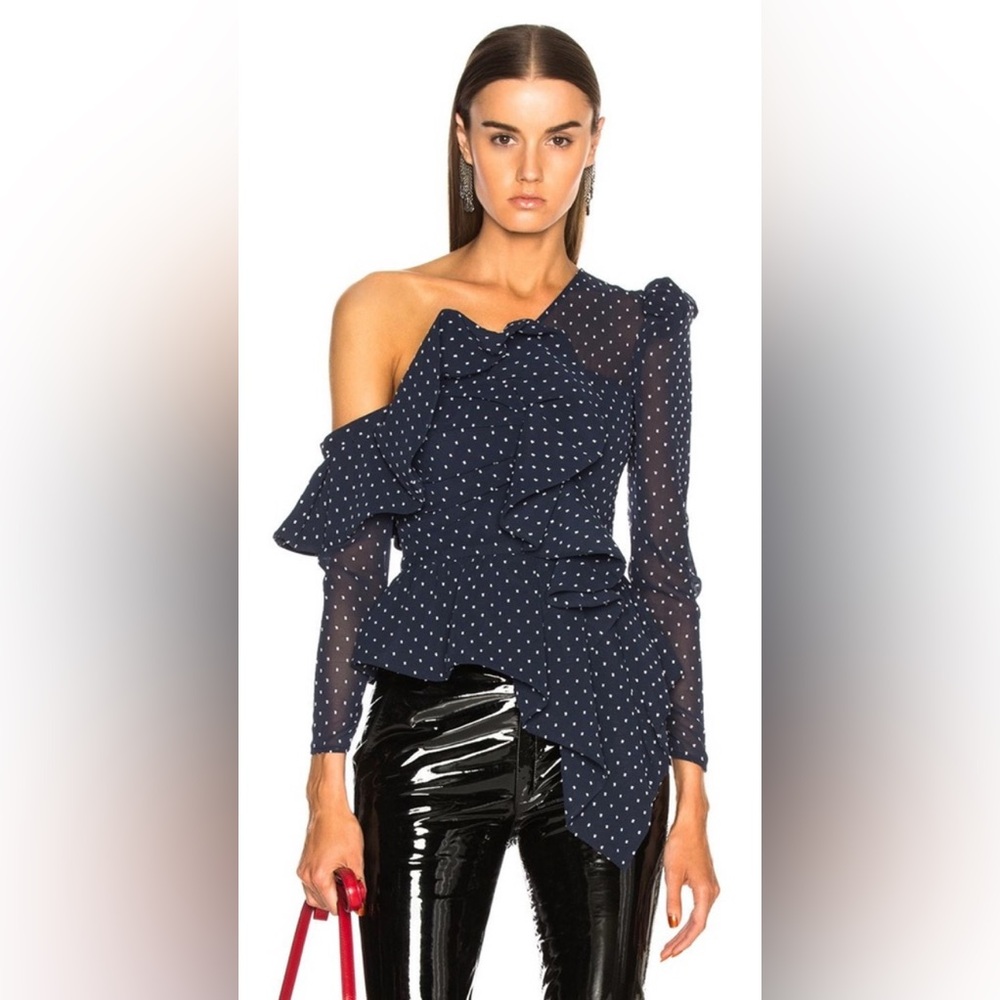 Self-Portrait Navy Polka Dot One-Shoulder Ruffle Blouse
